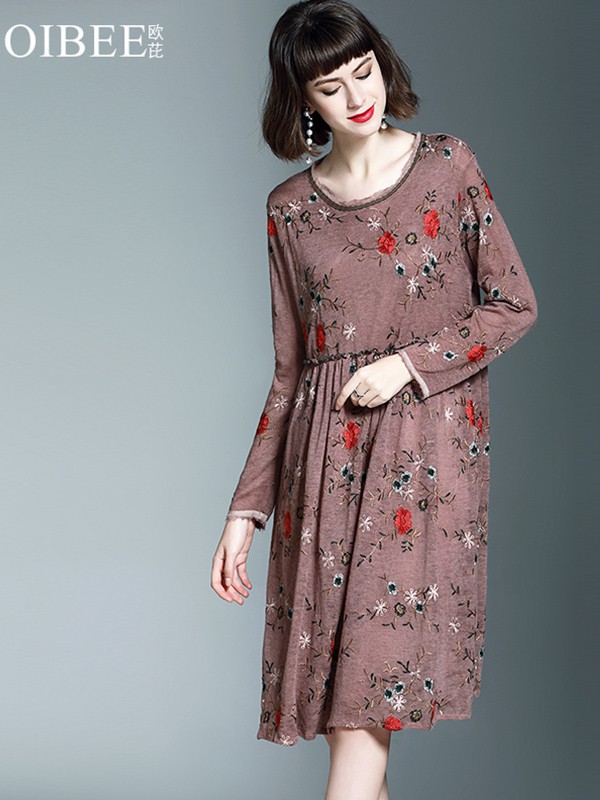 OIBEE女装2022春夏季棕色连衣裙