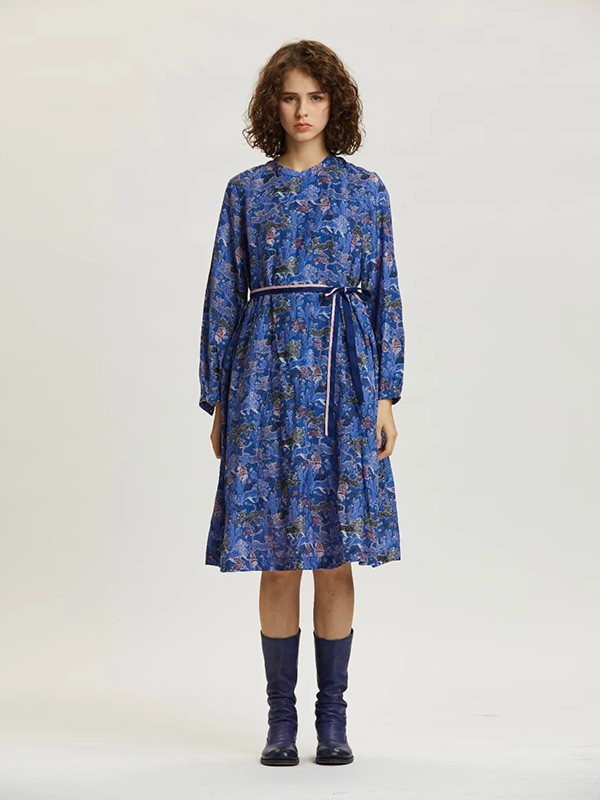 德诗女装2021秋冬季蓝色连衣裙