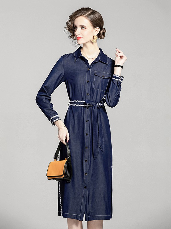 D.T.Z女装2022春夏季藏蓝色连衣裙