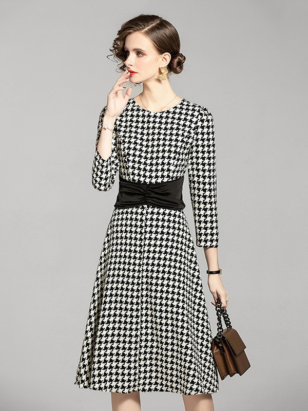 D.T.Z女装2022春夏季白色格子连衣裙