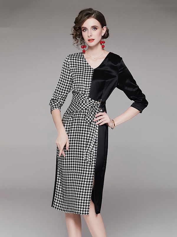 D.T.Z女装2022春夏季拼色格子连衣裙