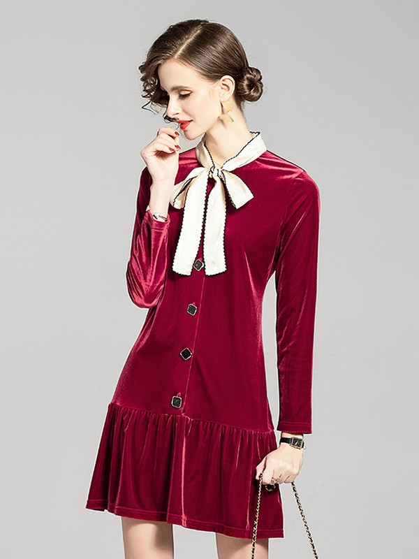 D.T.Z女装2022春夏季酒红色连衣裙