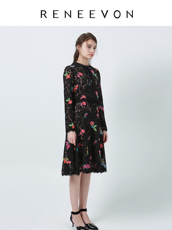 RENEEVON女装2022春夏季黑色连衣裙