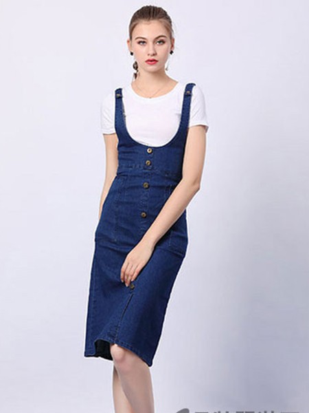 尚可斯女装2022春夏季藏蓝色背带裙