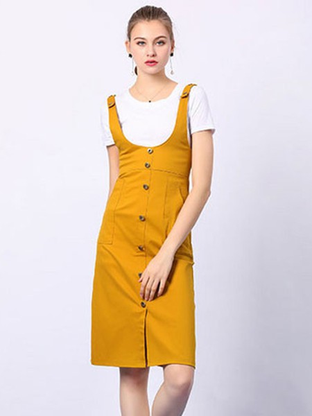尚可斯女装2022春夏季黄色背带裙