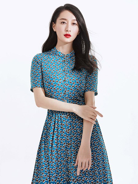 沐兰女装2022春夏季蓝色连衣裙