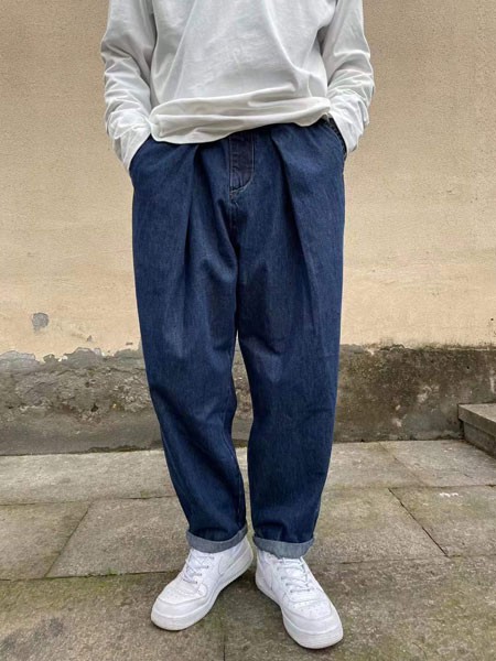 穆者男装2022春夏季藏蓝色阔腿裤