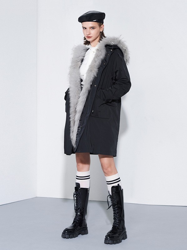 QDA女装2021秋冬季黑色派克服