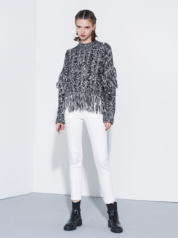 QDA女装2021秋冬季白色长裤