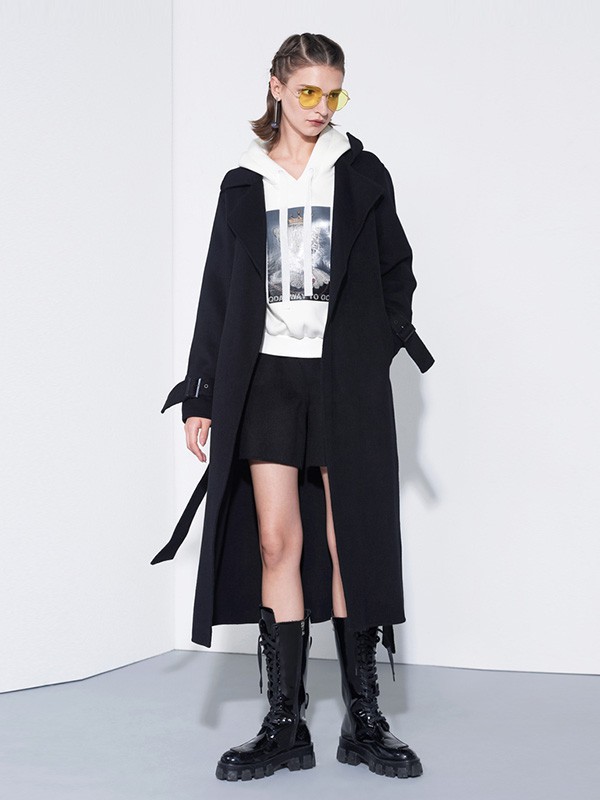 QDA女装2021秋冬季黑色大衣