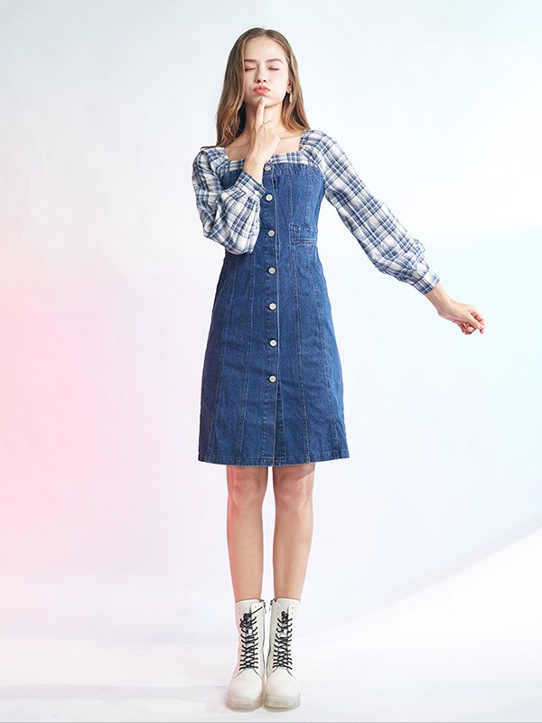 汤米诺女装2022春夏季藏蓝色连衣裙