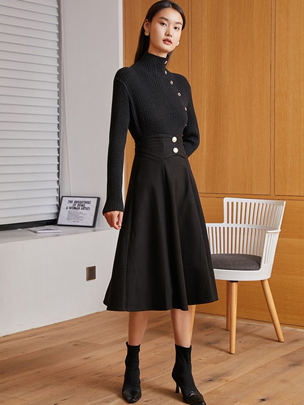 蔓诺蒂女装2021秋冬季黑色连衣裙