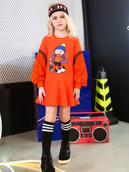 芙丽芙丽童装2022春夏季橙色连衣裙