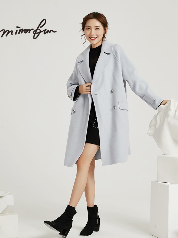 名媛坊女装2021秋冬季浅蓝色大衣