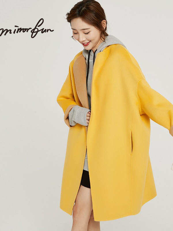 名媛坊女装2021秋冬季黄色大衣