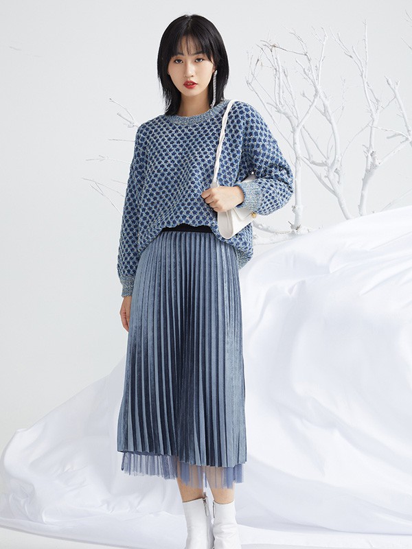 ...minette女装2021秋冬季蓝色百褶裙