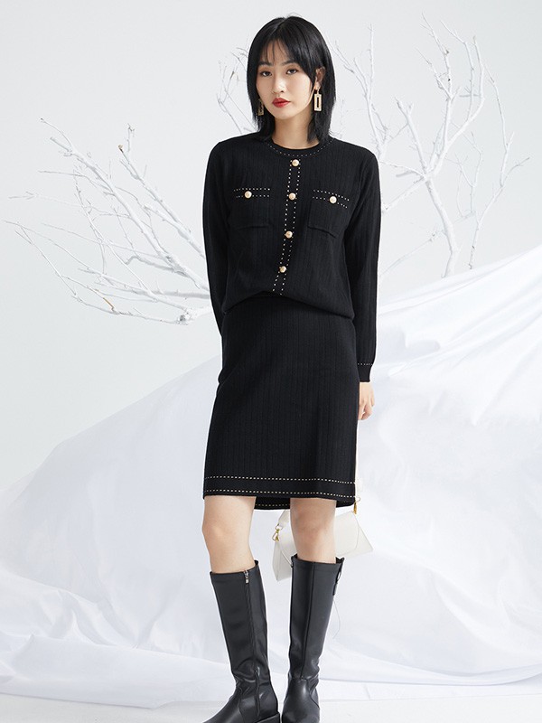...minette女装2021秋冬季黑色毛衣裙