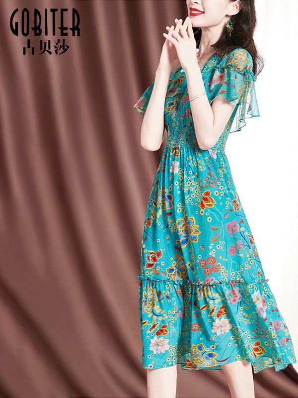 古贝莎2022春夏季绿色连衣裙