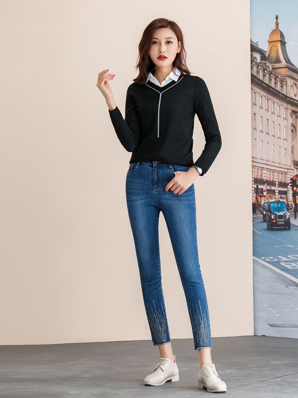 韩氏伊人2022春夏季蓝色长裤