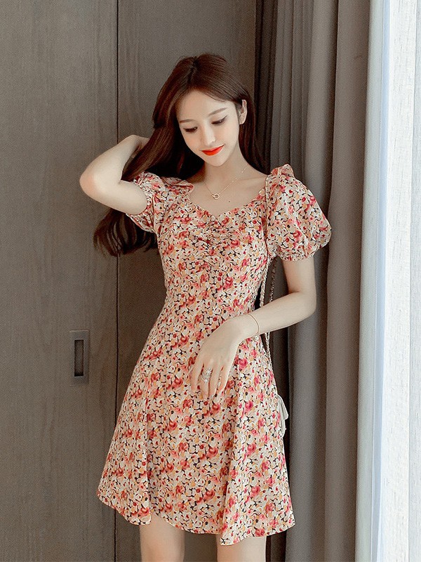 丽歌2022春夏季橙色连衣裙