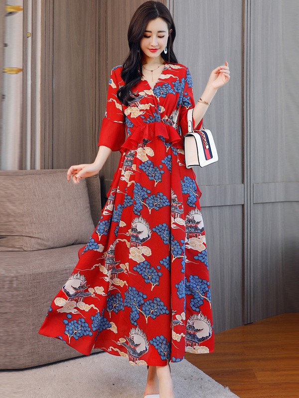 丽歌2022春夏季红色连衣裙