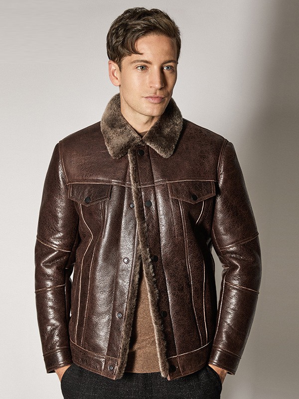 巴鲁特男装2021秋冬季咖啡色皮衣
