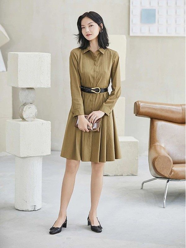 尚艾诗女装2021秋冬季绿色衬衫裙