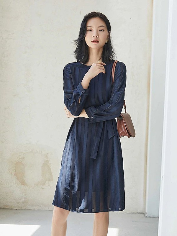 尚艾诗女装2021秋冬季藏蓝色衬衫裙
