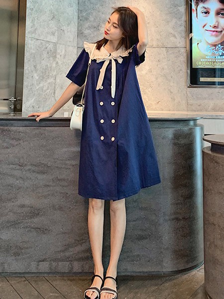 孕夫人2022春夏季藏蓝色连衣裙