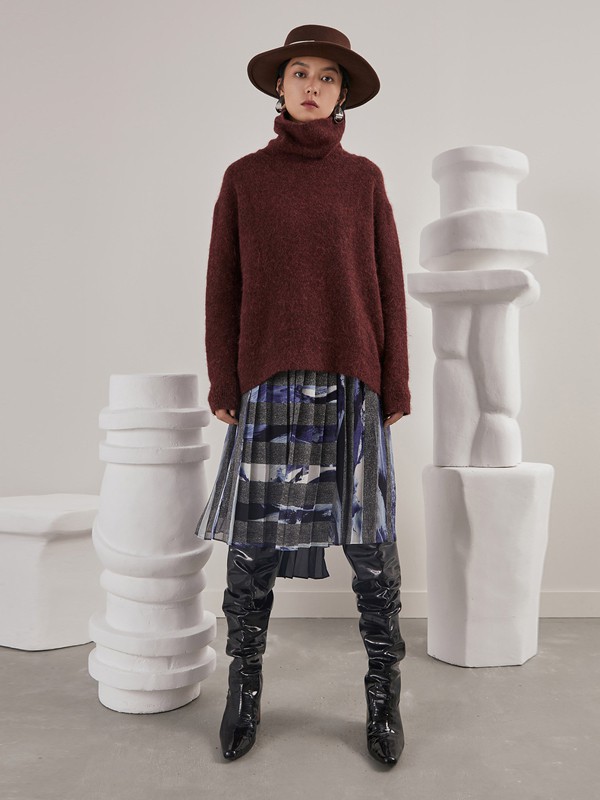 子苞米 2021秋冬季酒红色毛衣