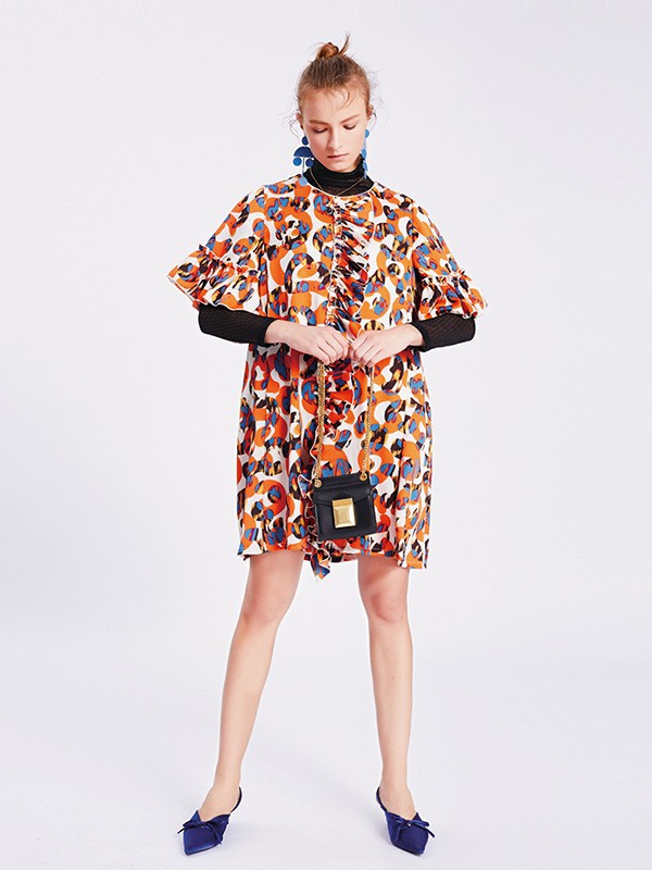 阁兰苏珊女装2022春夏季橙色连衣裙