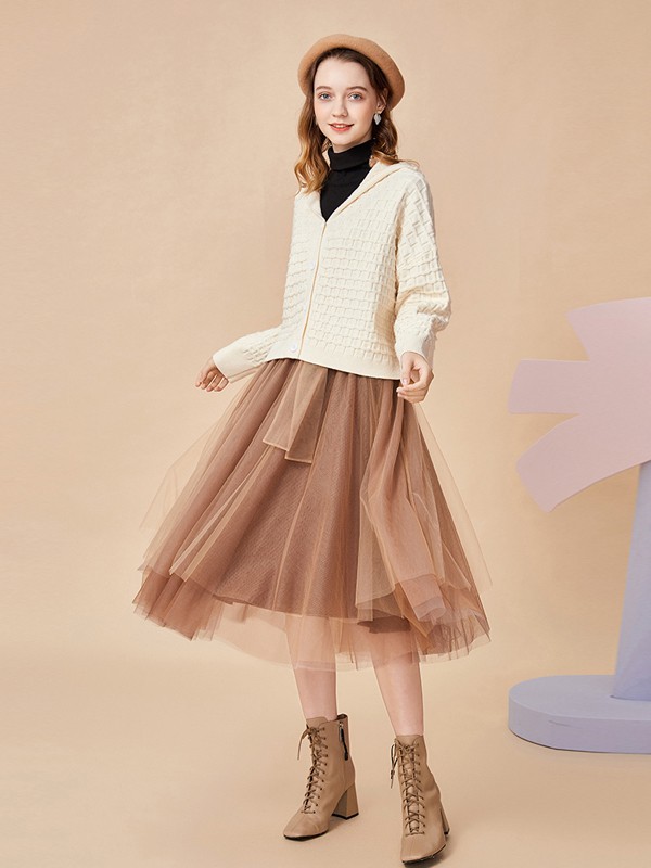 阿卡随心手艺2022秋冬季咖啡色纱裙