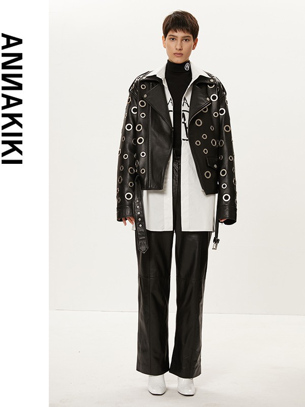 Annakiki2021秋冬季黑色皮衣