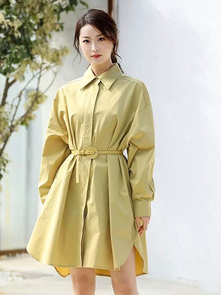 时尚自由点女装2022春夏季绿色衬衫裙