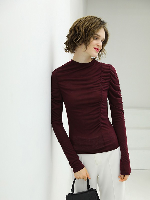 COCOBELLA女装2022秋冬季酒红色针织衫