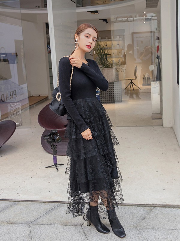 衣阁里拉女装2022秋冬季黑色连衣裙