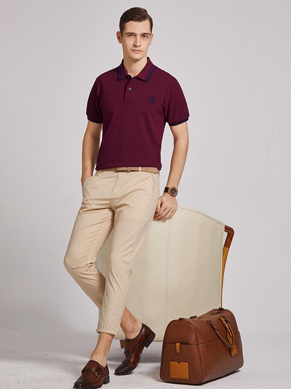 杉杉男装2022春夏季酒红色polo衫