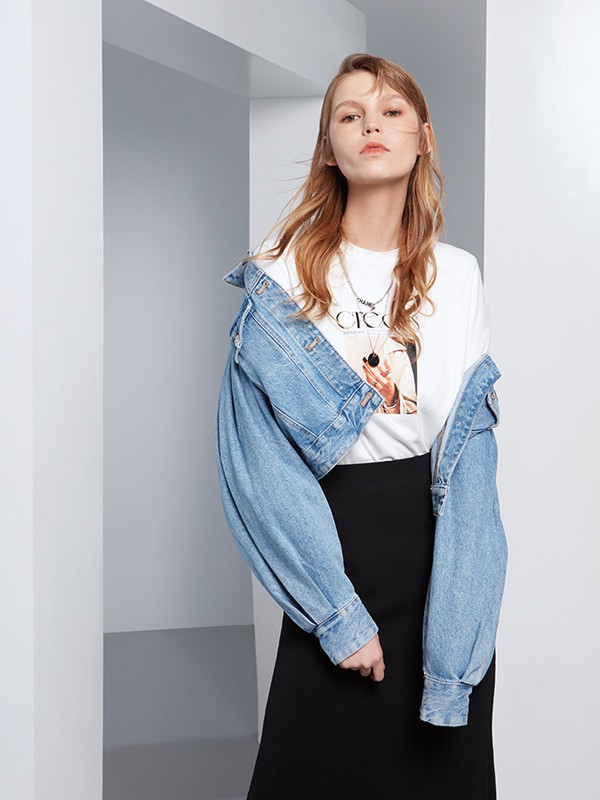 弥芙霏女装2021秋冬季白色T恤