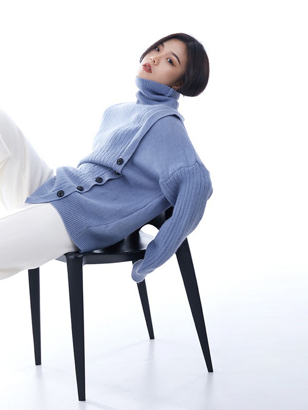 弥芙霏女装2021秋冬季蓝色毛衣