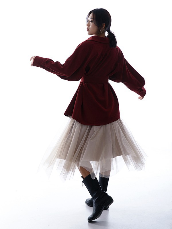 弥芙霏女装2021秋冬季酒红色大衣