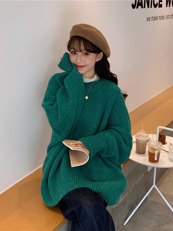 茜扣2022秋冬季绿色毛衣