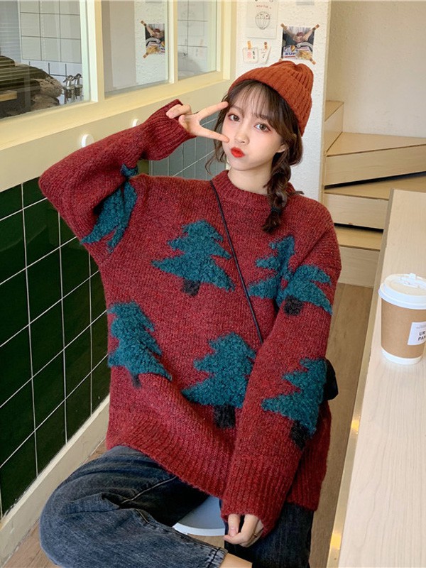 茜扣女装2022秋冬季红色毛衣