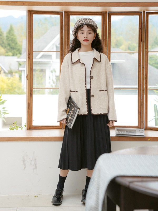 茜扣女装2022秋冬季黑色百褶裙