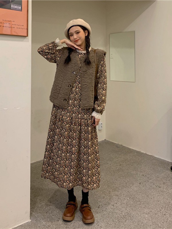 茜扣女装2022秋冬季棕色连衣裙