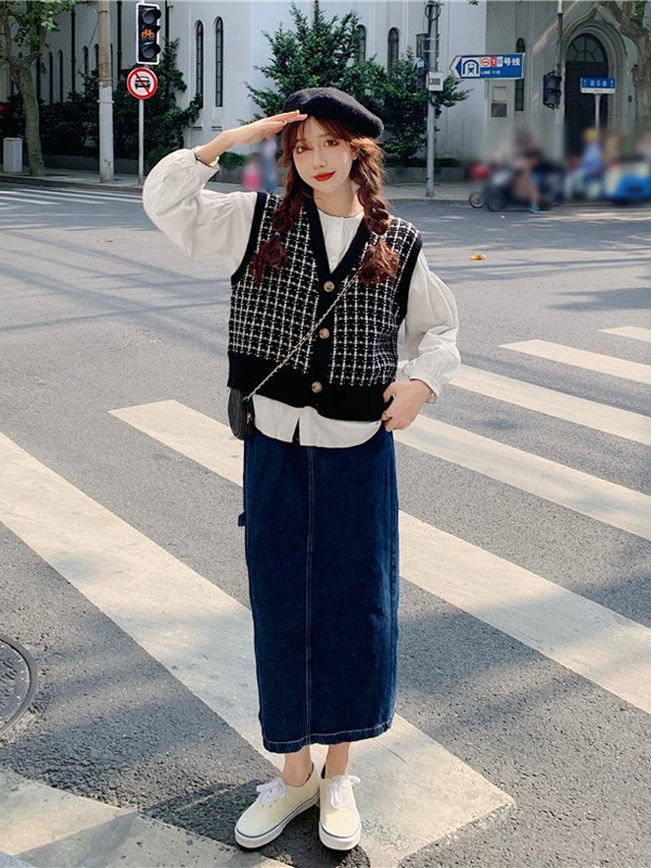 茜扣女装2021秋冬季藏蓝色长裙