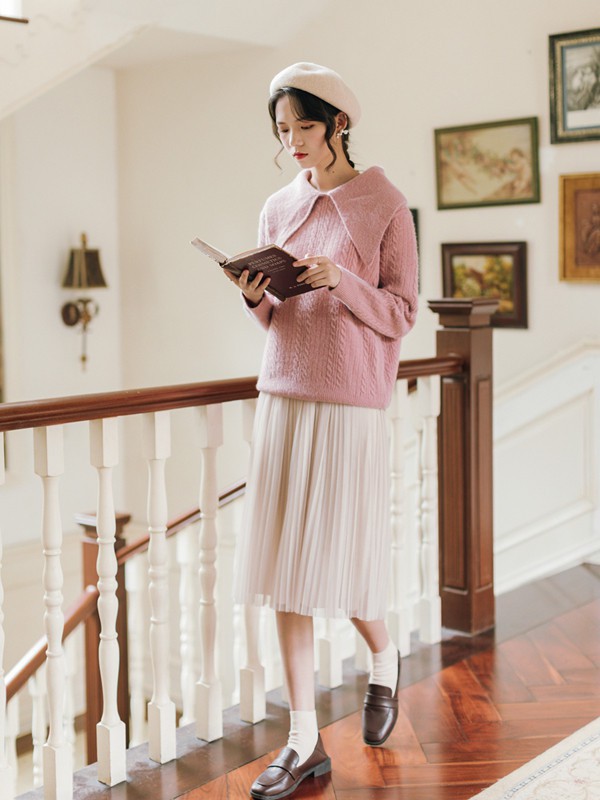 爽姿丽人女装2021秋冬季粉色毛衣