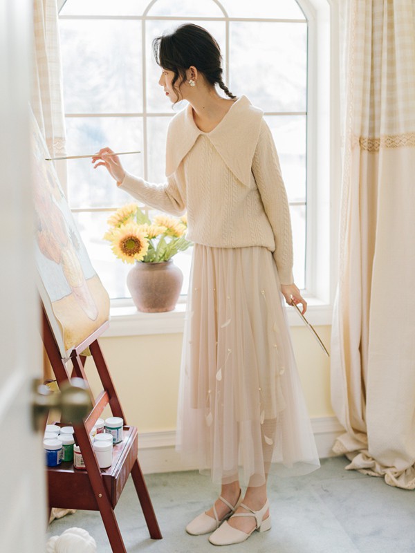 爽姿丽人女装2021秋冬季米色针织衫