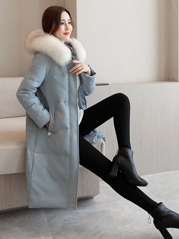 欣情静苑女装2021秋冬季蓝色棉服