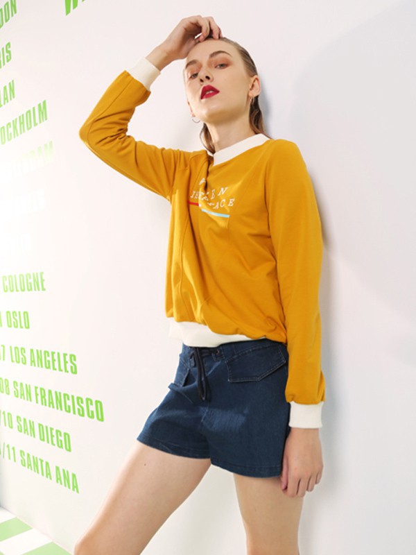 依路佑妮女装2021秋冬季黄色T恤