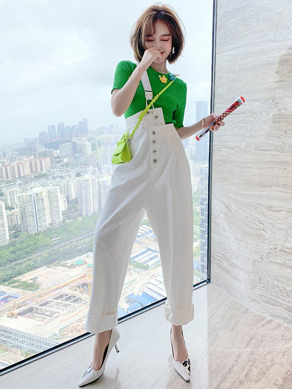 缪可2022春夏季白色背带裤